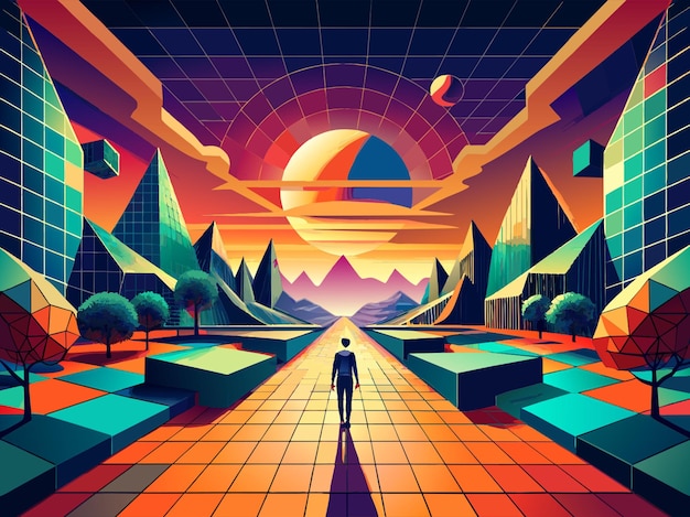 Vector mindbending geometric patterns in a virtual reality landscape vector illustration flat 2