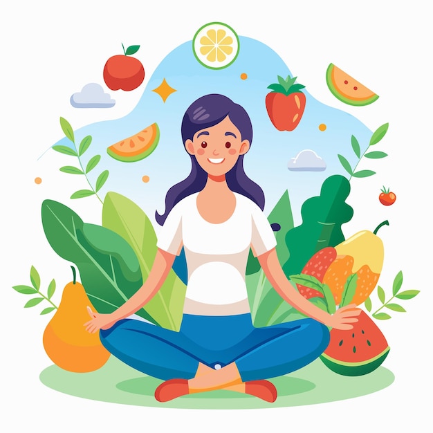 Vector mindful eating young woman embracing healthy nutrition in serenity