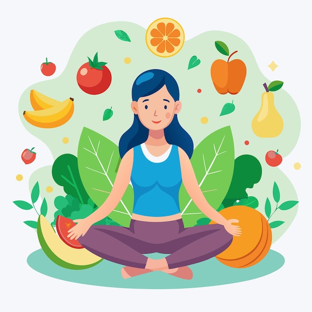 Vector mindful eating young woman embracing healthy nutrition in serenity