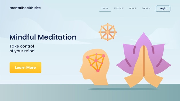 mindfull meditation take control of your mind landing page modern cartoon flat