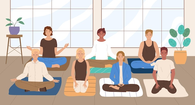 Vector mindfulness flat concept with group meditation in lotus pose indoors vector illustration