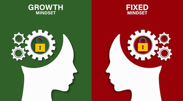 Mindset concept with head silhouette Heads of two persons one with growth mindset vs fixed mindset Vector illustration design for template design business infographic web brochure and banner