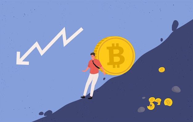 Miner trying to hold big bitcoin coin from falling down. Flat illustration.