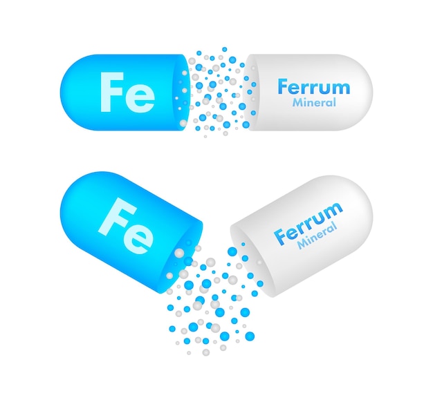 Mineral Fe Ferum blue shining pill capsule icon Vector stock illustration