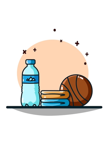 Mineral water, towels and basketball