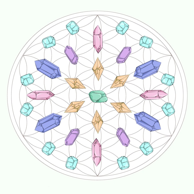 Minerals, Crystals, Gems on grid for meditation