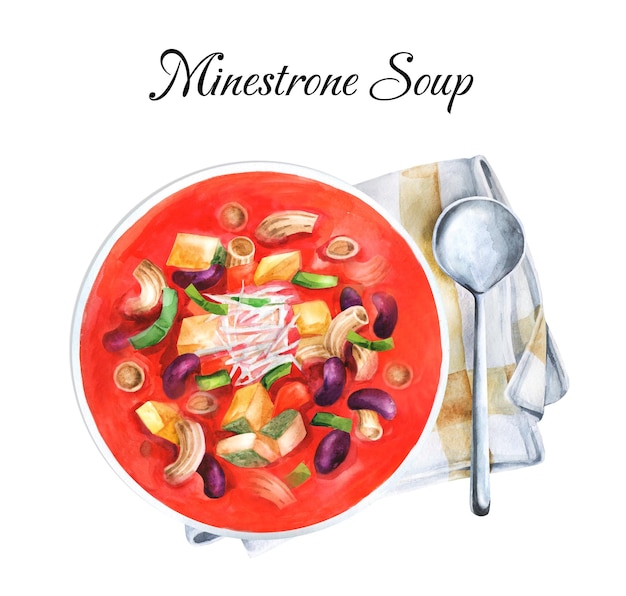 Minestrone soup in a plate with a spoon. Watercolor illustration