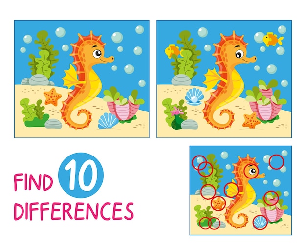 Mini game for children Find 10 differences in the image of a seahorse in the underwater world