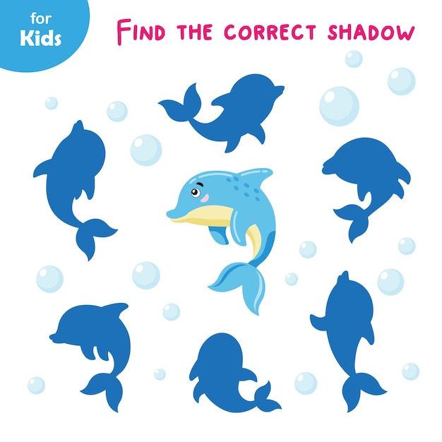 Mini game for children find the correct shadow for the dolphin learning fun