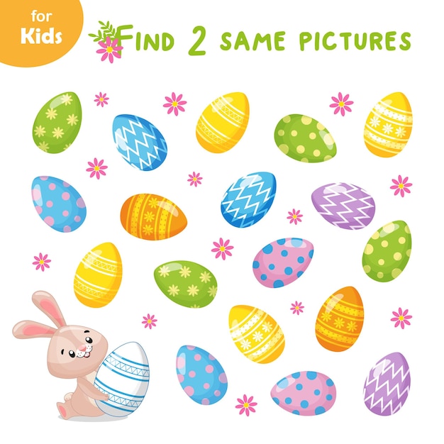 Mini game for children on the theme of Easter Help the rabbit find 2 same eggs