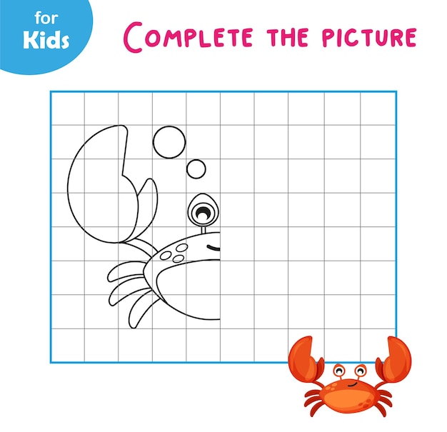 Mini game complete the picture Draw the second half of cute crab in the cells