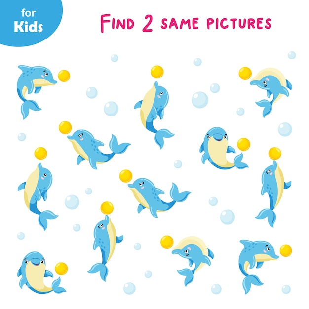 Mini game for kids find 2 identical dolphin pictures marine set education