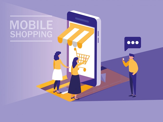 Mini people with smartphone and shopping online