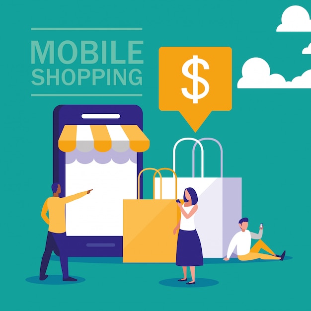 Mini people with smartphone and shopping online