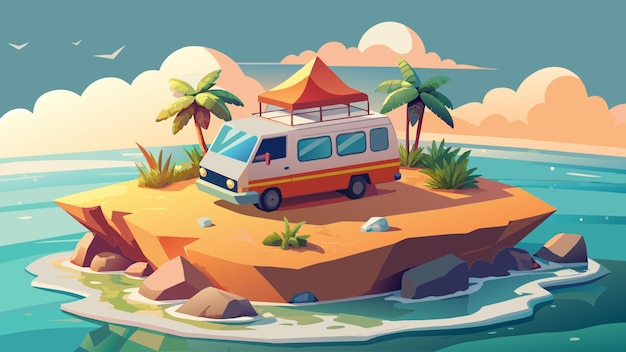 Vector mini van parking on a beach island beach vacation concept landing page template in a nice 3d