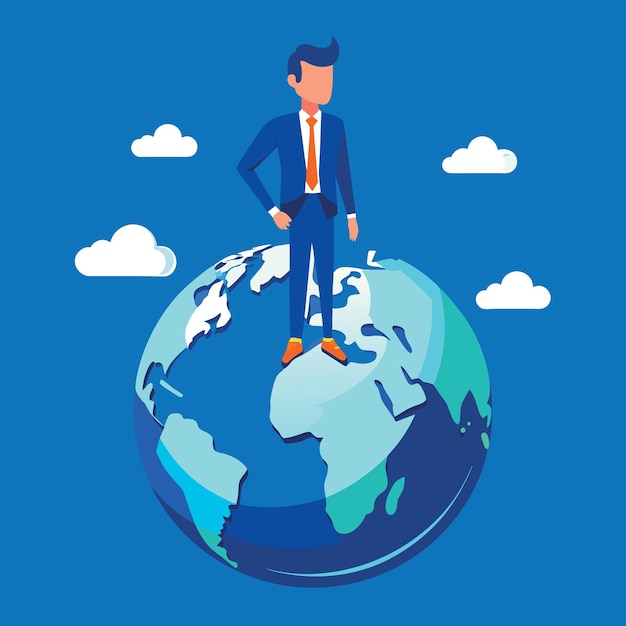 miniature businessman standing on top of the globe map with blue background copy space