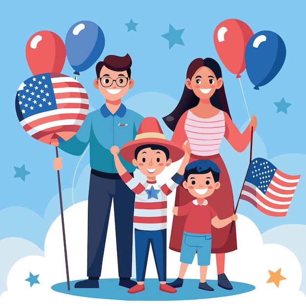 miniature happy family holding balloons with United State national flag in the background as celebr