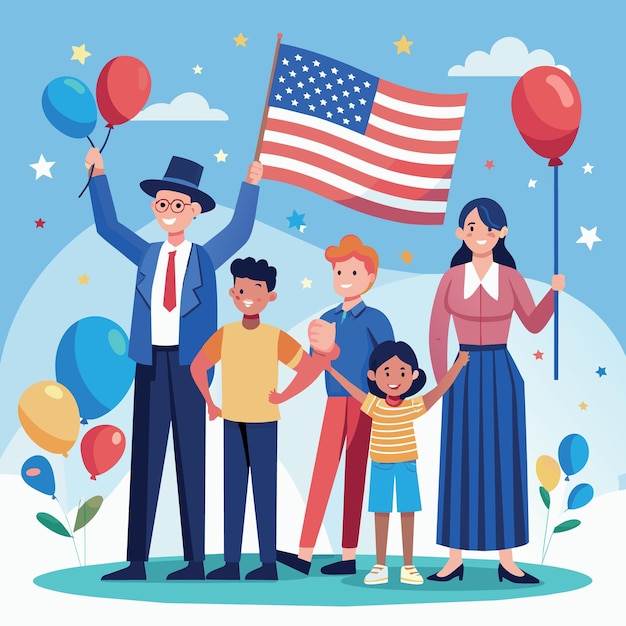 miniature people celebrate Independence day man giving speech with happy family holding balloons a