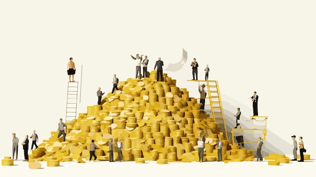 Vector miniature people standing on pile of money business and finance illustration