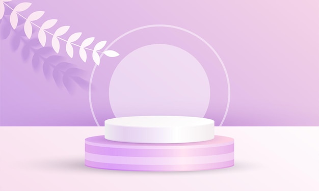 Minimal 3D scene product display circle podium leaf background purple color