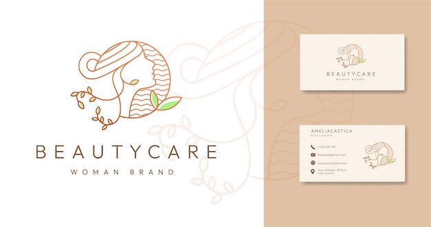 Minimal beauty care logo linear floral style with business card design