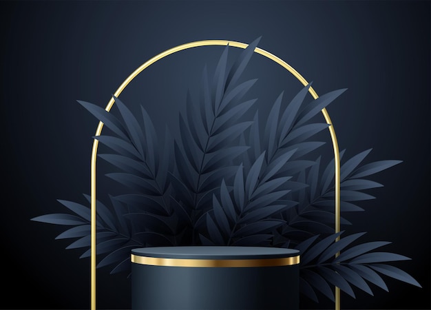 Minimal black scene with geometric shapes and palm leaves. elegant product display