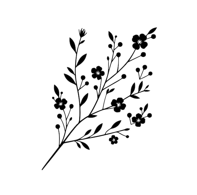 Minimal Blooming floral branch Silhouette vector illustration Black Design on White Background