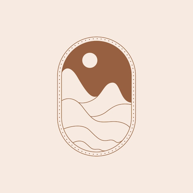 Minimal boho landscape logo in linear style Of the moon and the sun concept