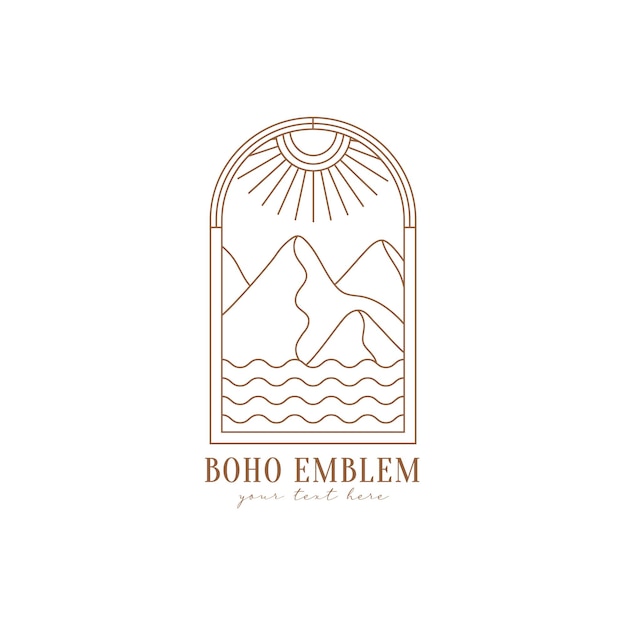 Minimal boho landscape logo in trendy linear style Sea waves mountains sun and sunburst