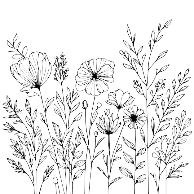 minimal botanical graphic sketch drawing trendy tiny tattoo design floral elements vector