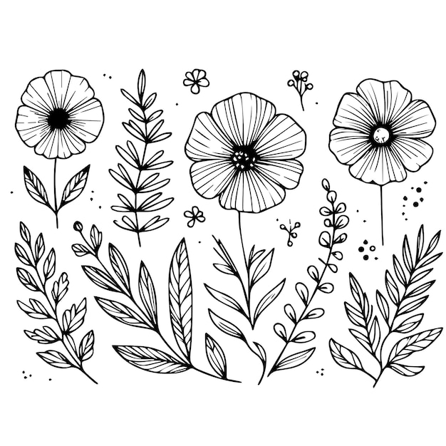 minimal botanical graphic sketch drawing trendy tiny tattoo design floral elements vector