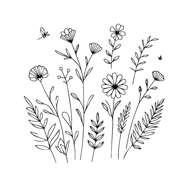 minimal botanical graphic sketch drawing trendy tiny tattoo design floral elements vector