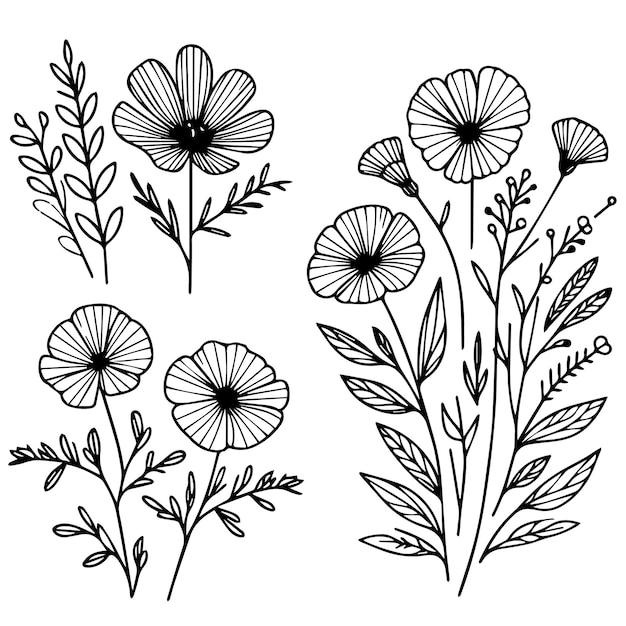 minimal botanical graphic sketch drawing trendy tiny tattoo design floral elements vector