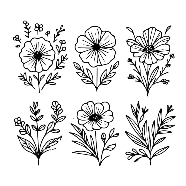 minimal botanical graphic sketch drawing trendy tiny tattoo design floral elements vector