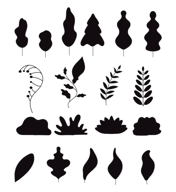 Minimal bush shrub tree grass wild plant isolated Vectors Silhouettes