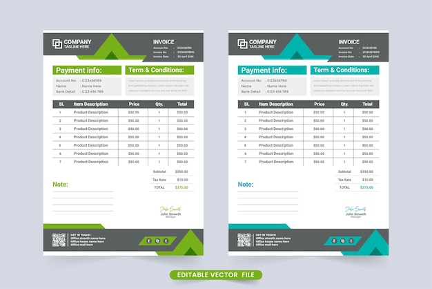 Minimal business invoice and cash receipt design with abstract shapes Payment receipt and invoice bill template with green and blue colors Professional business template decoration vector