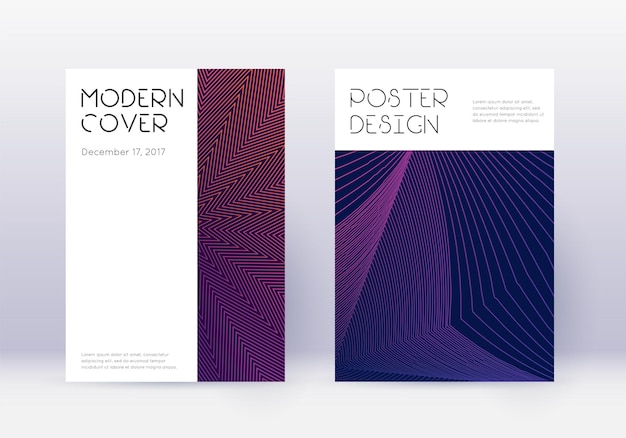 Minimal cover design template set. Violet abstract lines on dark background. Delicate cover design. Classy catalog, poster, book template etc.