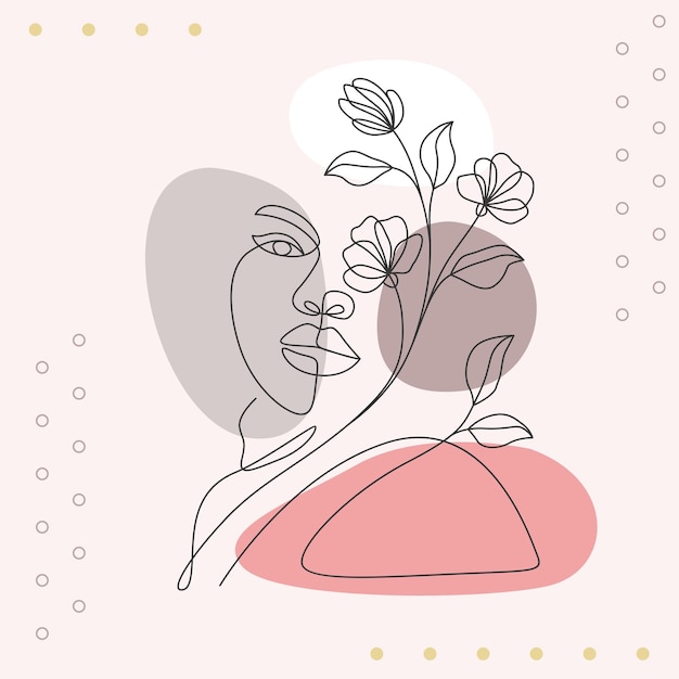 Minimal design of portrait of woman and flowers in minimal style of line art