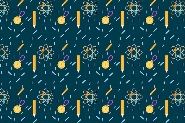 Minimal education pattern decoration with atomic structure pencil and medal icons Seamless study pattern vector on a dark background Abstract science pattern for backgrounds and wallpapers