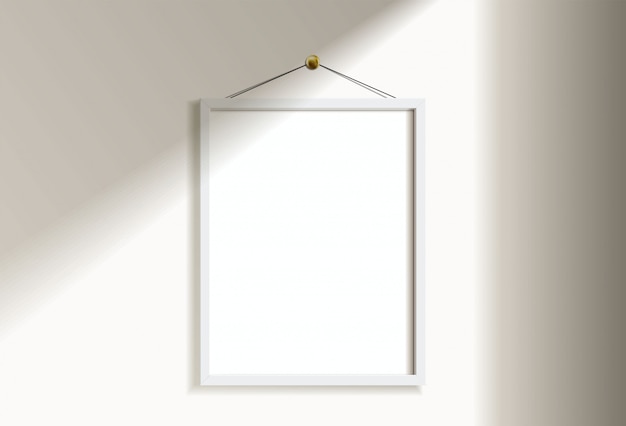 Vector minimal empty vertical white frame picture   hanging on white wall  with window light and shadow. isolate   illustration.