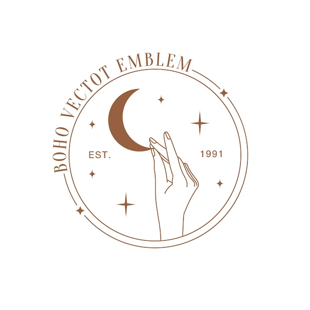 Minimal female hand logo in linear style Women's hand with moon and stars