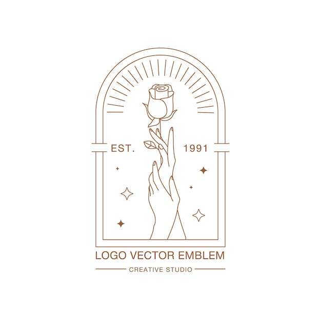 Minimal female hand logo in linear style Womens hands with rose