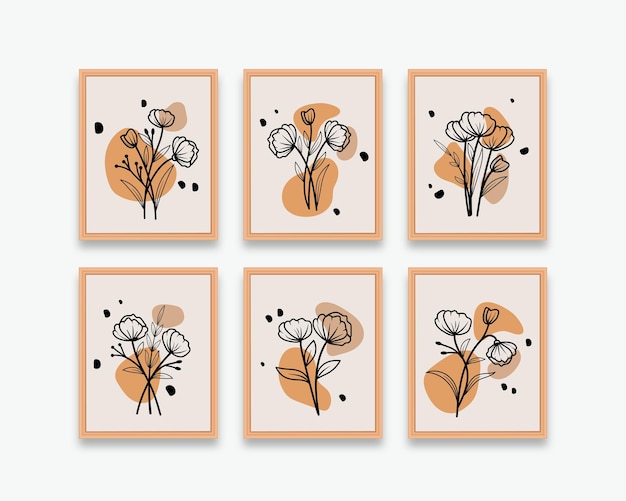 Minimal hand drawn abstract flowers and leaves line art poster for wall decoration