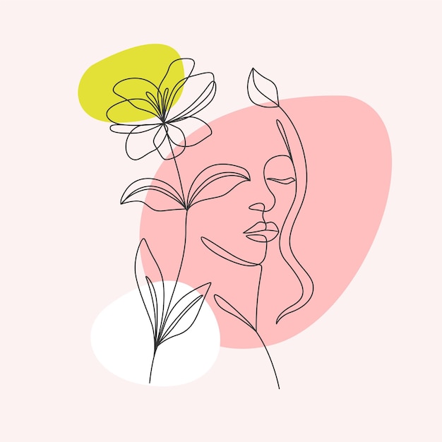 Minimal hand drawn illustration of beautiful woman and flowers. line art style