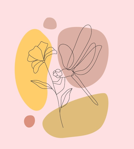 Minimal hand drawn illustration of a dragonfly and a flower one line style drawing