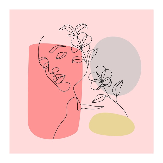 Minimal hand drawn illustration of woman and flowers. one line style drawing. line art style