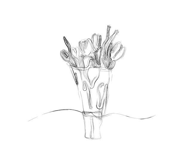 Minimal hand holding bouquet of flowers illustration in stylized ink brush drawing vector design