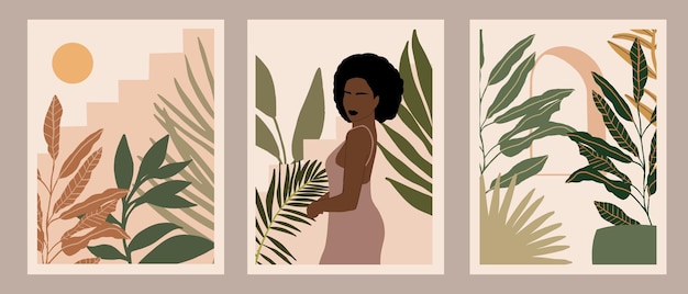 Minimal hand painted poster with black woman silhouette afro hair and tropical pattern wall art