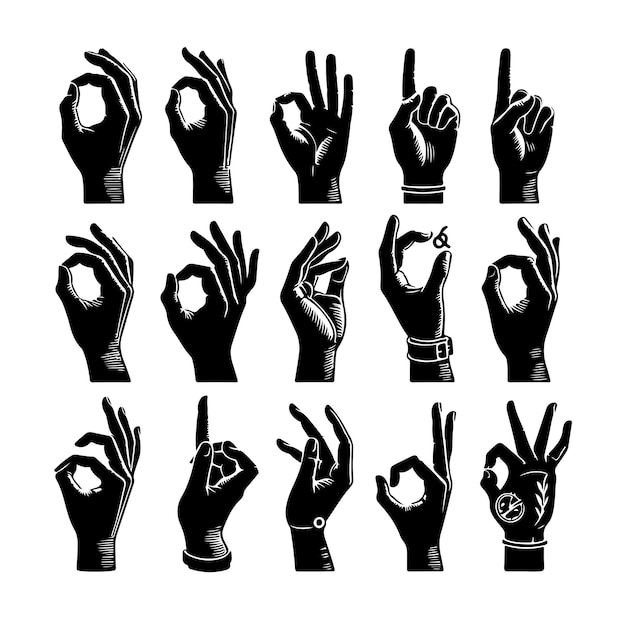 minimal Hand wrist gesture black engraving icon set silhouette vector