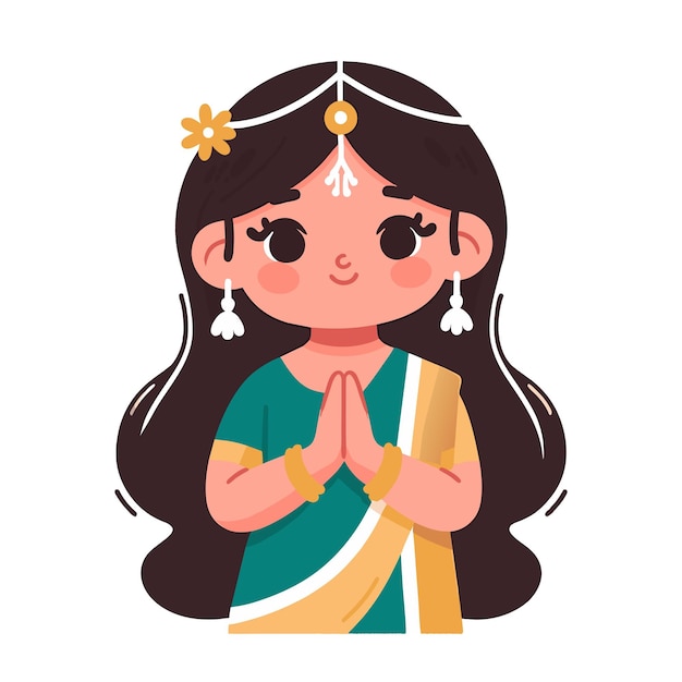 Minimal HandDrawn Vector Illustration of Cute Indian Girl in a Saree Doing Namaste Pose